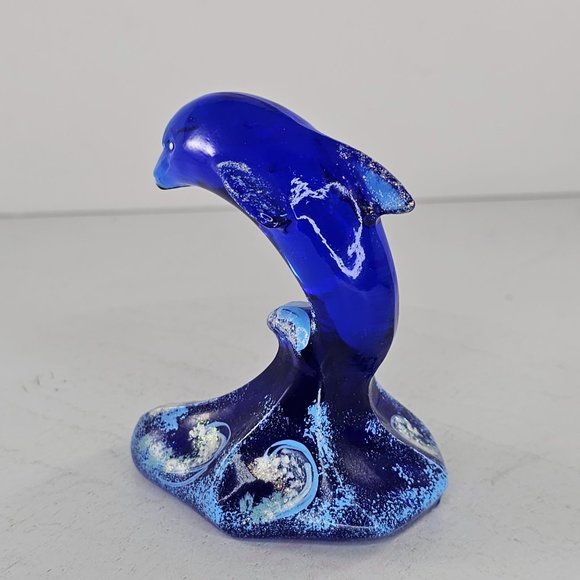 Fenton Art Glass Figurine Cobalt Blue Dolphin On Wave 4" Signed Hand Painted - Picture 6 of 10